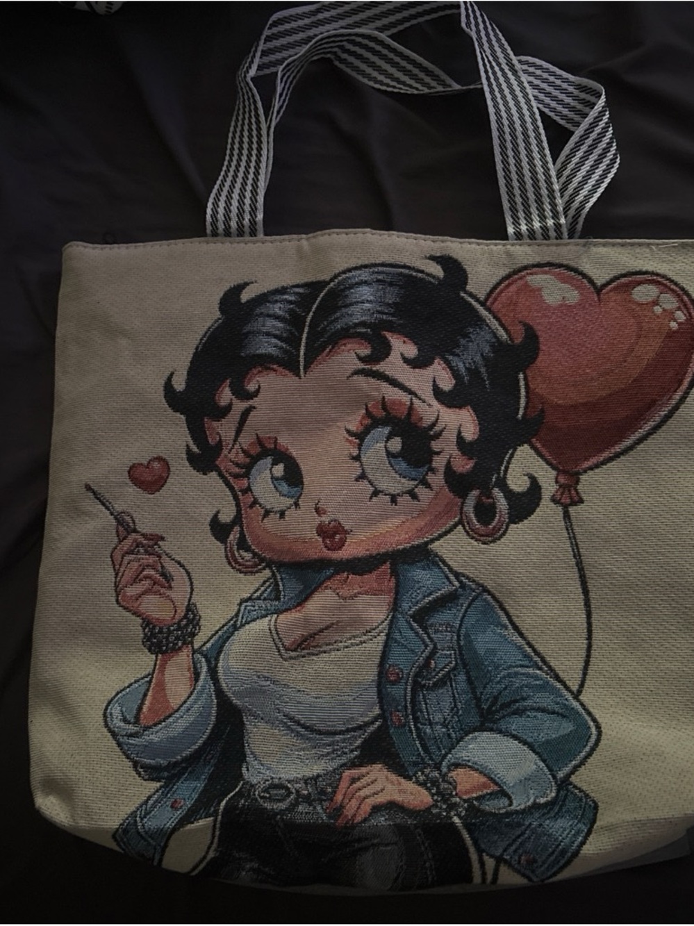 Betty Boop Heart Balloon Canvas Tote Bag - Cream with Blue Accents
